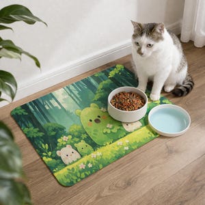May include: A rectangular pet food mat with a forest scene and cartoon bear characters. The mat is green with white and yellow accents. Two white ceramic bowls, one with pet food and the other with water, sit on the mat. A cat sits next to the bowls.