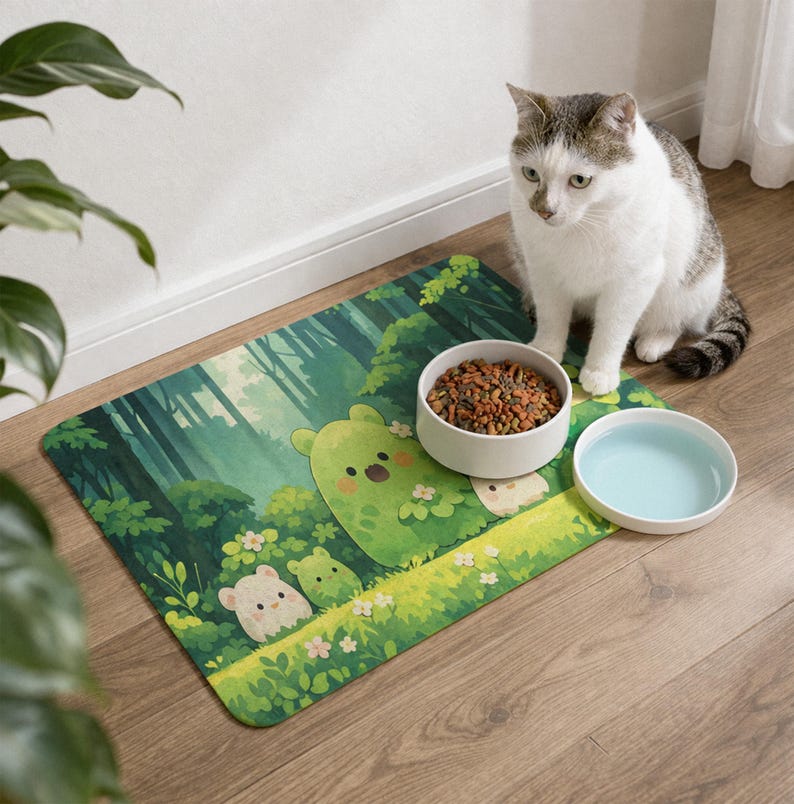 May include: A rectangular pet food mat with a forest scene and cartoon bear characters. The mat is green with white and yellow accents. Two white ceramic bowls, one with pet food and the other with water, sit on the mat. A cat sits next to the bowls.