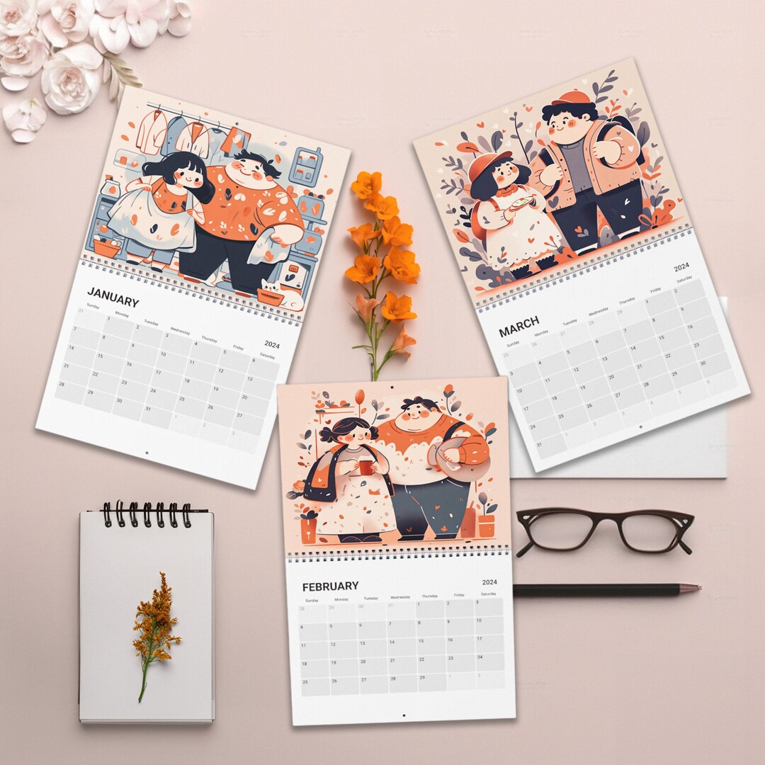 Kawaii Chubby Couple Calendar 2024 Kawaii Calendar 2024 Cute Wall