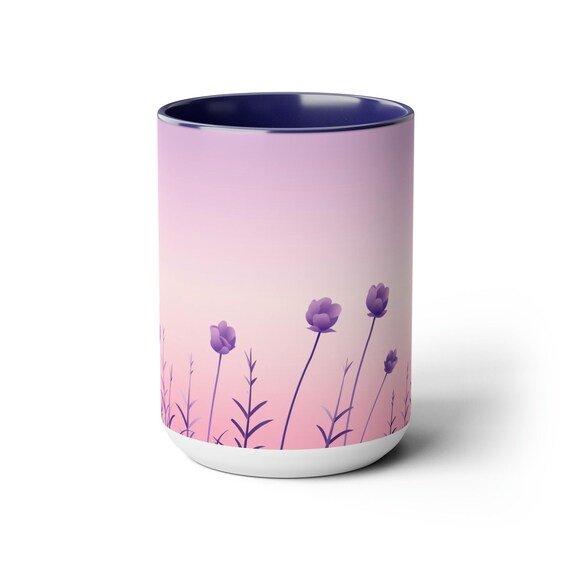 Aesthetic Minimalist Purple Flowers Mug, Ceramic Coffee Cup 15oz, Cute Mug Aesthetic, Floral Mug Gift for Birthday, Anniversary