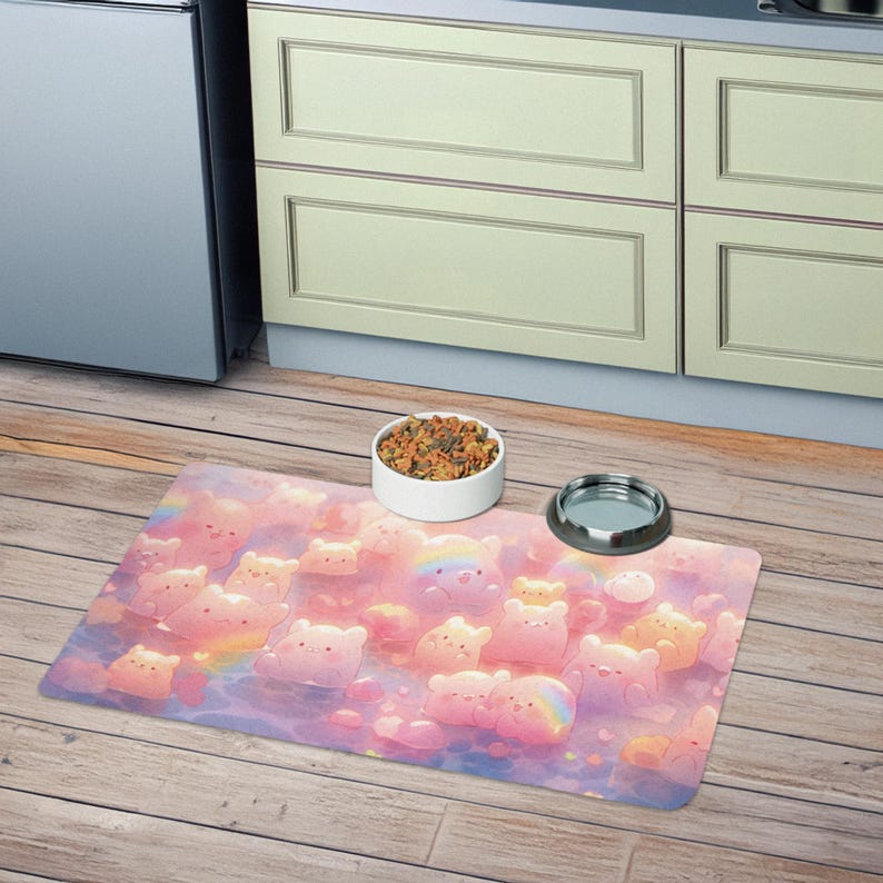 May include: A pink and blue pet feeding mat with a cartoon design of pastel-colored bears with rainbows on a cloudy background.