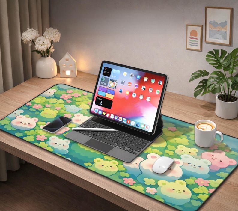 May include: A desk setup featuring a tablet with a keyboard, a smartphone, and a mouse on a colorful mousepad. The mousepad has a repeating pattern of cartoon bears and flowers. A white mug with a drink is on the right.