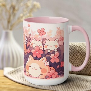 Taza Kawaii Sakura y Gato de 15 oz, Taza de Café de Cerámica, Taza Estética Linda, Taza Pastel, Regalo para Cumpleaños y Amantes de los Gatos imagen 6