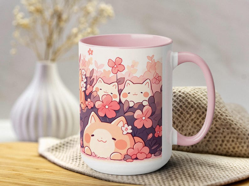 Taza Kawaii Sakura y Gato de 15 oz, Taza de Café de Cerámica, Taza Estética Linda, Taza Pastel, Regalo para Cumpleaños y Amantes de los Gatos imagen 6