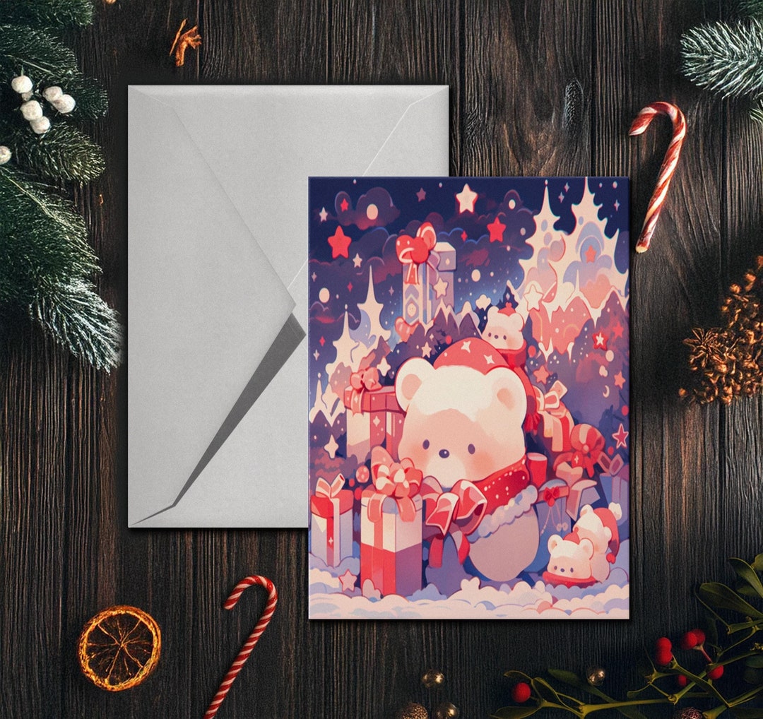 Set of 8, 16, 24 Kawaii Christmas Bear Greeting Cards, Cute Christmas ...