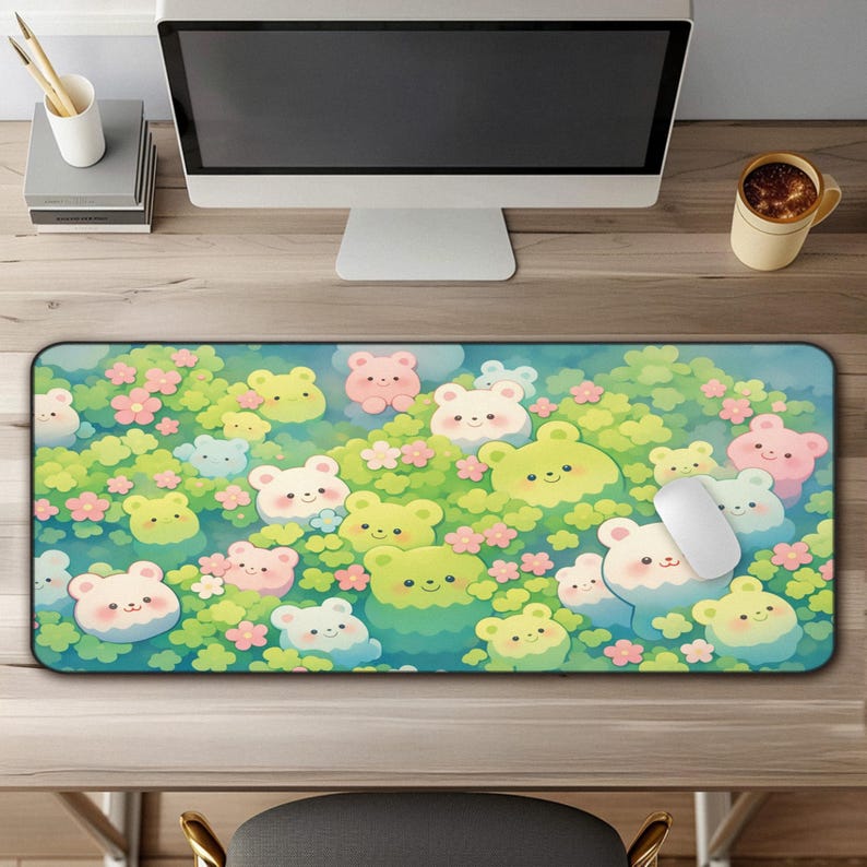 May include: Rectangular mousepad featuring a whimsical design of cartoon bears in a field of flowers. The bears are in shades of yellow, pink, and white, set against a green and blue background. A white computer mouse rests on the pad.