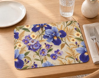 Blue Iris Floral Placemat, Botanical Dining Table Mat, Vintage Flower Place Mat, Cottagecore Table Decor, Farmhouse Kitchen Gift (1 Piece)
