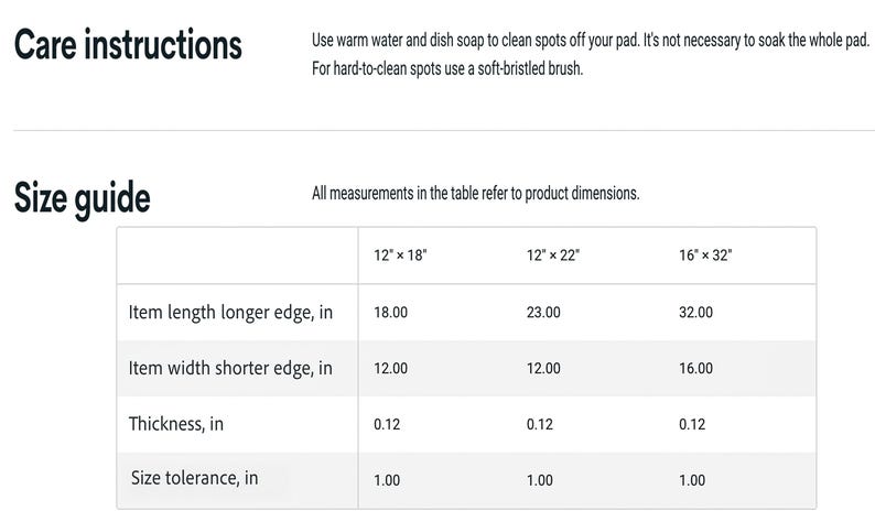 May include: Image with care instructions and a size guide for a product. The size guide shows dimensions in inches: 12" x 18", 12" x 22", and 16" x 32". The item length is 18, 23, and 32 inches, respectively. The item width is 12, 12, and 16 inches.