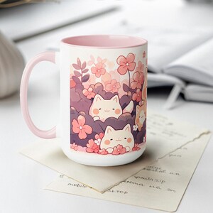 Taza Kawaii Sakura y Gato de 15 oz, Taza de Café de Cerámica, Taza Estética Linda, Taza Pastel, Regalo para Cumpleaños y Amantes de los Gatos imagen 5