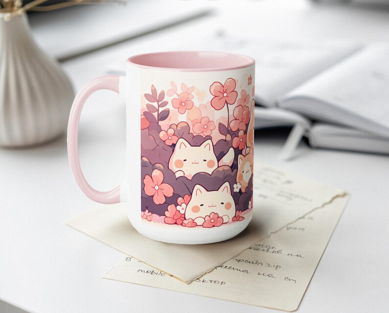 Taza Kawaii Sakura y Gato de 15 oz, Taza de Café de Cerámica, Taza Estética Linda, Taza Pastel, Regalo para Cumpleaños y Amantes de los Gatos imagen 5