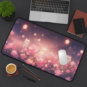 Kawaii Anime Cats Desk Mat – Cute Large Mouse Pad with Dark Floral Glow, Anime Desk Mat Cute for Gamers & Desk Decor, Kawaii Mouse Pad image 6