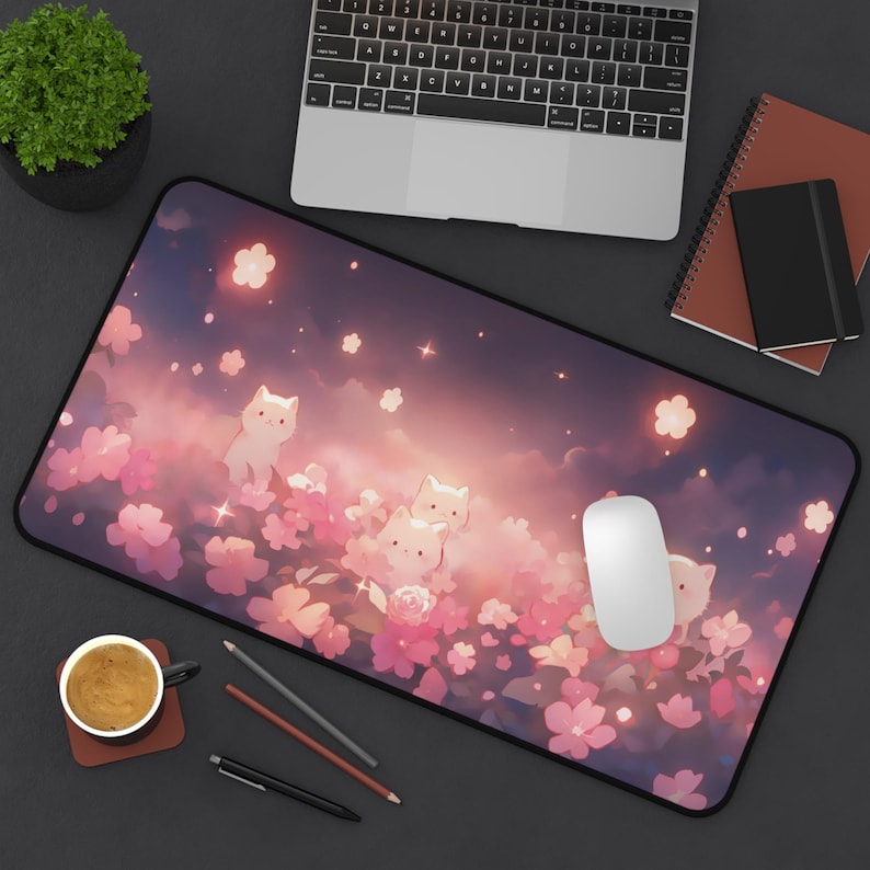 Kawaii Anime Cats Desk Mat – Cute Large Mouse Pad with Dark Floral Glow, Anime Desk Mat Cute for Gamers & Desk Decor, Kawaii Mouse Pad image 6