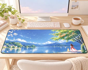 Aesthetic Anime Desk Mat, Cute Girl and Cat Mouse Pad, Mountain Landscape Gaming Desk Mat, Nature Desk Pad, Kawaii Desk Decor