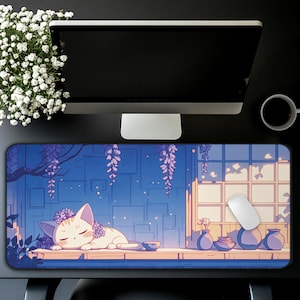 Kawaii Cat Desk Mat, Cute Large Mouse Pad, Purple Desk Mat Cute for Gamer & Desk Decor, Kawaii Desk Mat, Cute Anime Mouse Pad Desk Pad