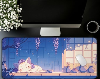 Tapis de bureau chat kawaii, grand tapis de souris mignon, tapis de bureau violet mignon pour gamer et décoration de bureau, tapis de bureau kawaii, tapis de souris anime mignon