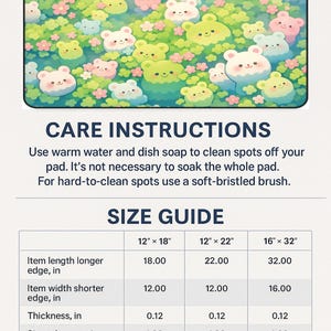 May include: A rectangular mousepad featuring a repeating pattern of cartoon bears in shades of white, green, pink, and blue, set against a floral background. The mousepad includes care instructions and a size guide with measurements in inches.