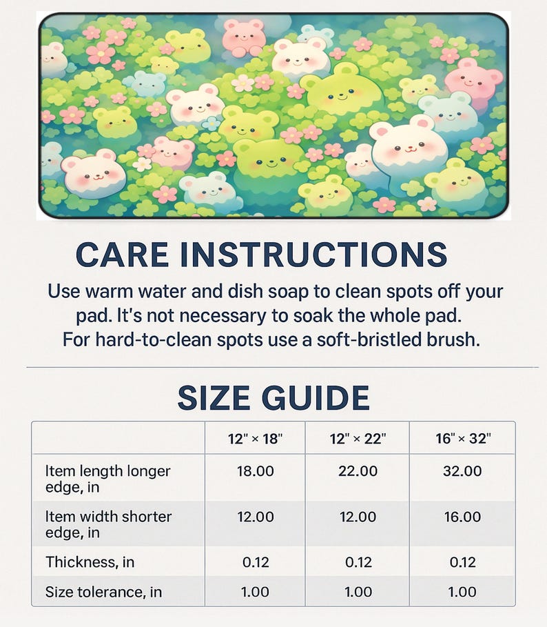 May include: A rectangular mousepad featuring a repeating pattern of cartoon bears in shades of white, green, pink, and blue, set against a floral background. The mousepad includes care instructions and a size guide with measurements in inches.