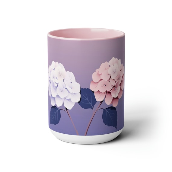 Hydrangea Blooms Aesthetic Mug, Ceramic Coffee Cup 15oz, Cute Mug Aesthetic, Patel Floral Mug Gift for Birthday, Anniversary