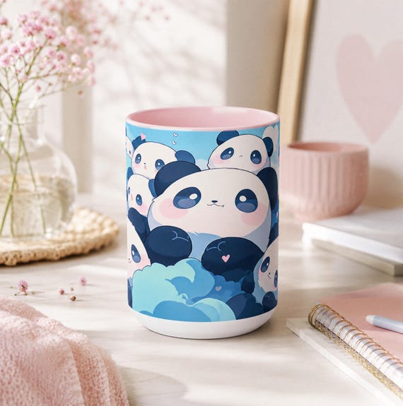 Kawaii Panda Mug 15oz, Cute Mug Aesthetic, Blue Panda Ceramic Coffee Cup, Pastel Animal Tea Mug, Panda Lover Gift Mug, Adorable Panda Cup