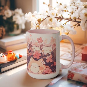 Taza Kawaii Sakura y Gato de 15 oz, Taza de Café de Cerámica, Taza Estética Linda, Taza Pastel, Regalo para Cumpleaños y Amantes de los Gatos imagen 4