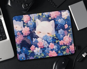 Kawaii Cat & Flower Mouse Pad, Cute Floral Small Mouse Mat for Work or Gaming, Aesthetic Desk Decor, Non-Slip Small Mouse Pad for Cat Lovers