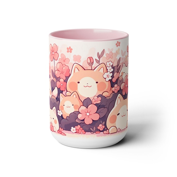 Kawaii Sakura and Cat Mug 15oz, Ceramic Coffee Cup, Cute Mug Aesthetic, Pastel Mug Gift for Birthday & Cat Lovers