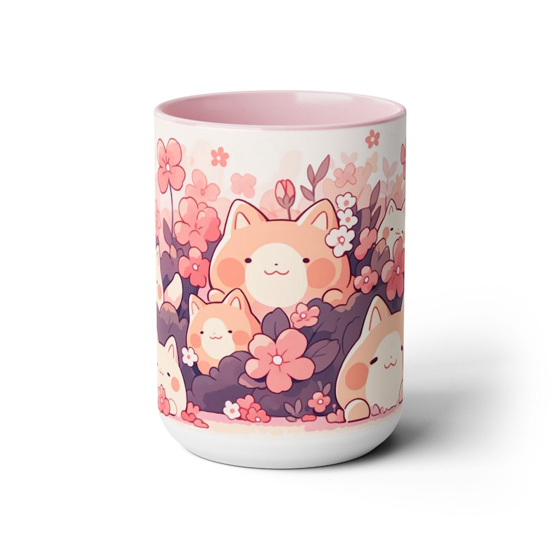 Kawaii Sakura and Cat Mug 15oz, Ceramic Coffee Cup, Cute Mug Aesthetic, Pastel Mug Gift for Birthday & Cat Lovers
