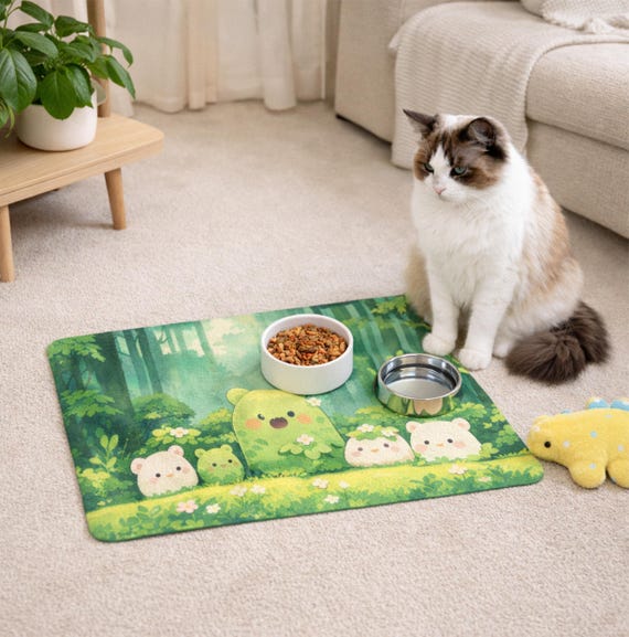 Kawaii Pet Feeding Mat 12"x18", Forest Theme Pet Food Mat, Cute Pet Bowl Mat, Green Non Slip Pet Mat, Pet Lover Gifts, Cat & Dog Supplies