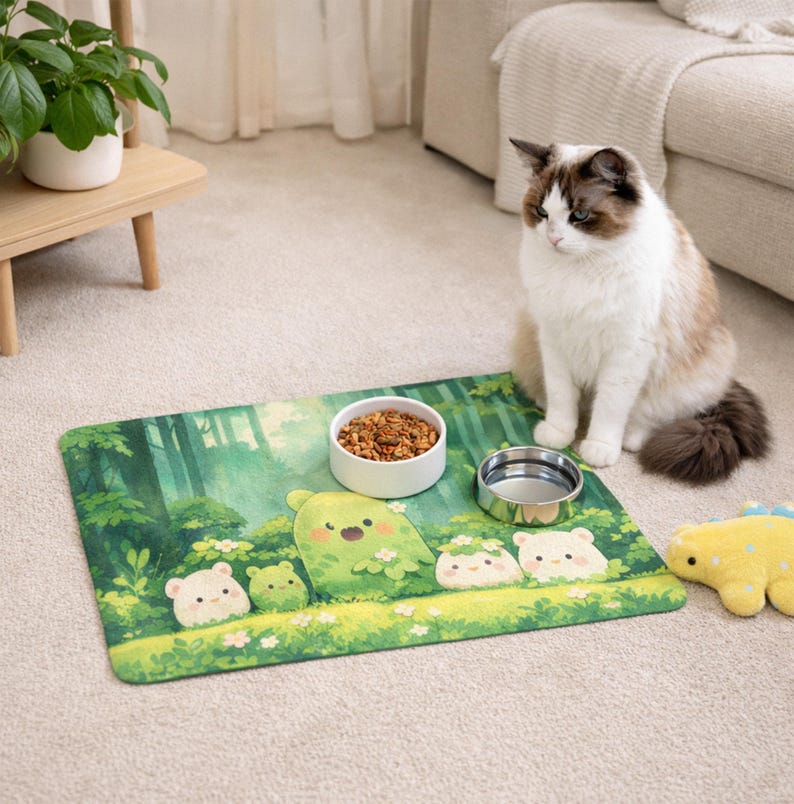 Kawaii Pet Feeding Mat 12"x18", Forest Theme Pet Food Mat, Cute Pet Bowl Mat, Green Non Slip Pet Mat, Pet Lover Gifts, Cat & Dog Supplies