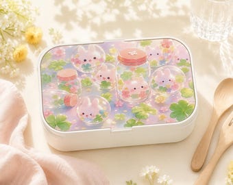 Kawaii Pastel Bunny Bento Box, Clover Lunch Box, BPA-Free Eco Friendly, Wooden Lid Portable Food Container for School, Office, Picnic