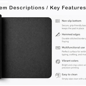 May include: A black desk mat, partially rolled, with the text "Item Descriptions / Key Features". The mat features a non-slip bottom, hemmed edges, and is designed for multifunctional use. It is easy to clean.