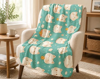 Kawaii Cat Fleece Sherpa Blanket, Teal Kitty Fleece Throw, Cute Cat Cozy Blanket 50"x60", Soft Fluffy Blanket for Bed, Sofa & Couch