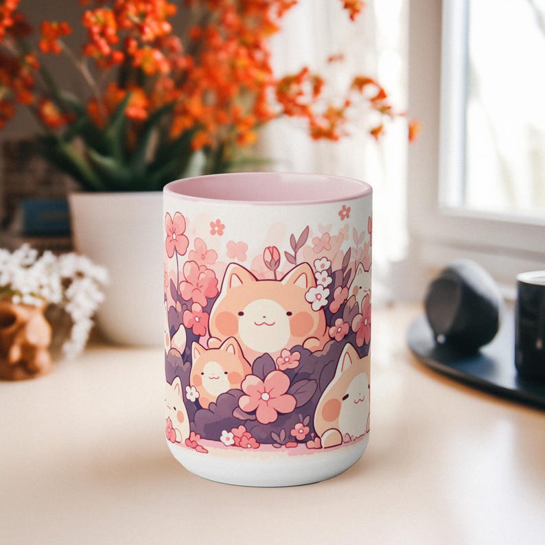 Taza Kawaii Sakura y Gato de 15 oz, Taza de Café de Cerámica, Taza Estética Linda, Taza Pastel, Regalo para Cumpleaños y Amantes de los Gatos imagen 3