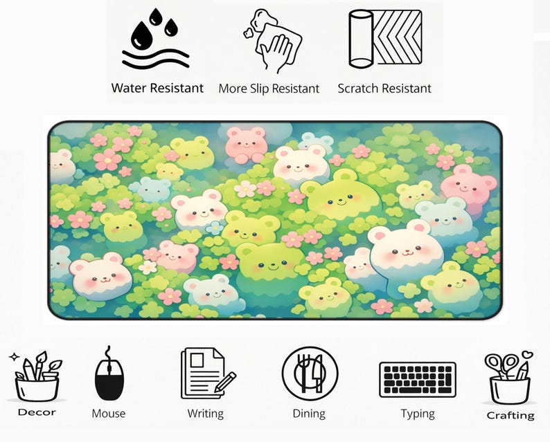 May include: Rectangular mouse pad featuring a whimsical design of cartoon bears in a floral setting. The pad is water, slip, and scratch resistant. Icons at the top indicate these features. Additional icons at the bottom suggest uses for decor, mouse, writing, dining, typing, and crafting.