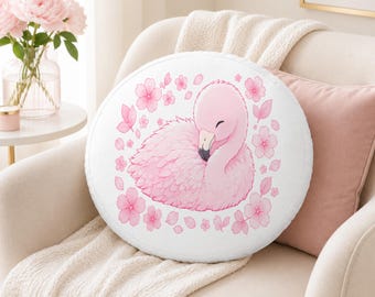 Oreiller flamant rose kawaii, coussin décoratif rond floral, coussin oiseau mignon, coussin en polyester de 22 po x 22 po., cadeau déco de chambre printanier