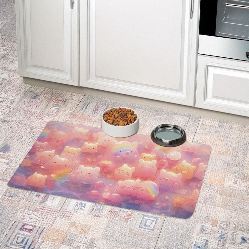 Kawaii Cat & Dog Feeding Mat 12"x18" – Cute Gummy Bear Pet Food Mat in Pink, Non-Slip Bowl Mat, Gift for Kawaii Pet Lover, Cute Pet Supplies