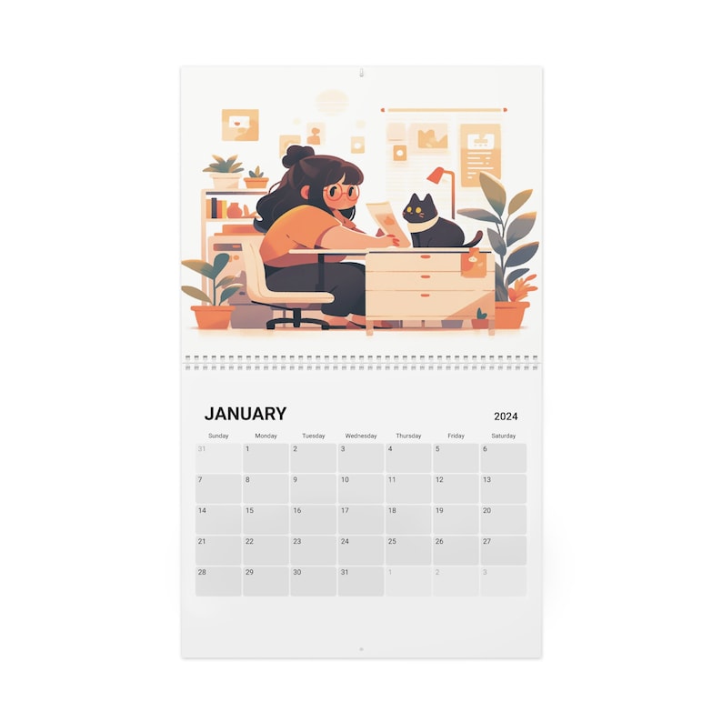 Kawaii Girl and Cat Diary Calendar 2024 Kawaii Calendar 2024 Cute Wall