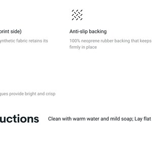 May include: A pet mat with a 100% polyester front and an anti-slip backing made of 100% neoprene rubber. The mat features vibrant colors and is machine washable. Care instructions: Clean with warm water and mild soap; Lay flat to dry (Do Not Use Dryer).
