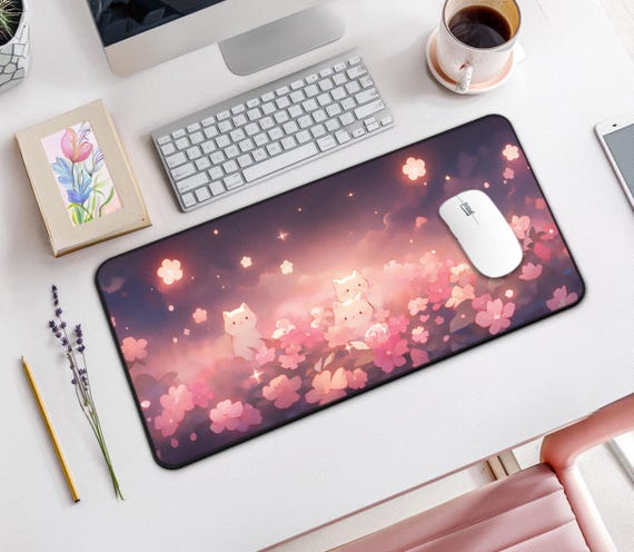 Kawaii Anime Cats Desk Mat – Cute Large Mouse Pad with Dark Floral Glow, Anime Desk Mat Cute for Gamers & Desk Decor, Kawaii Mouse Pad