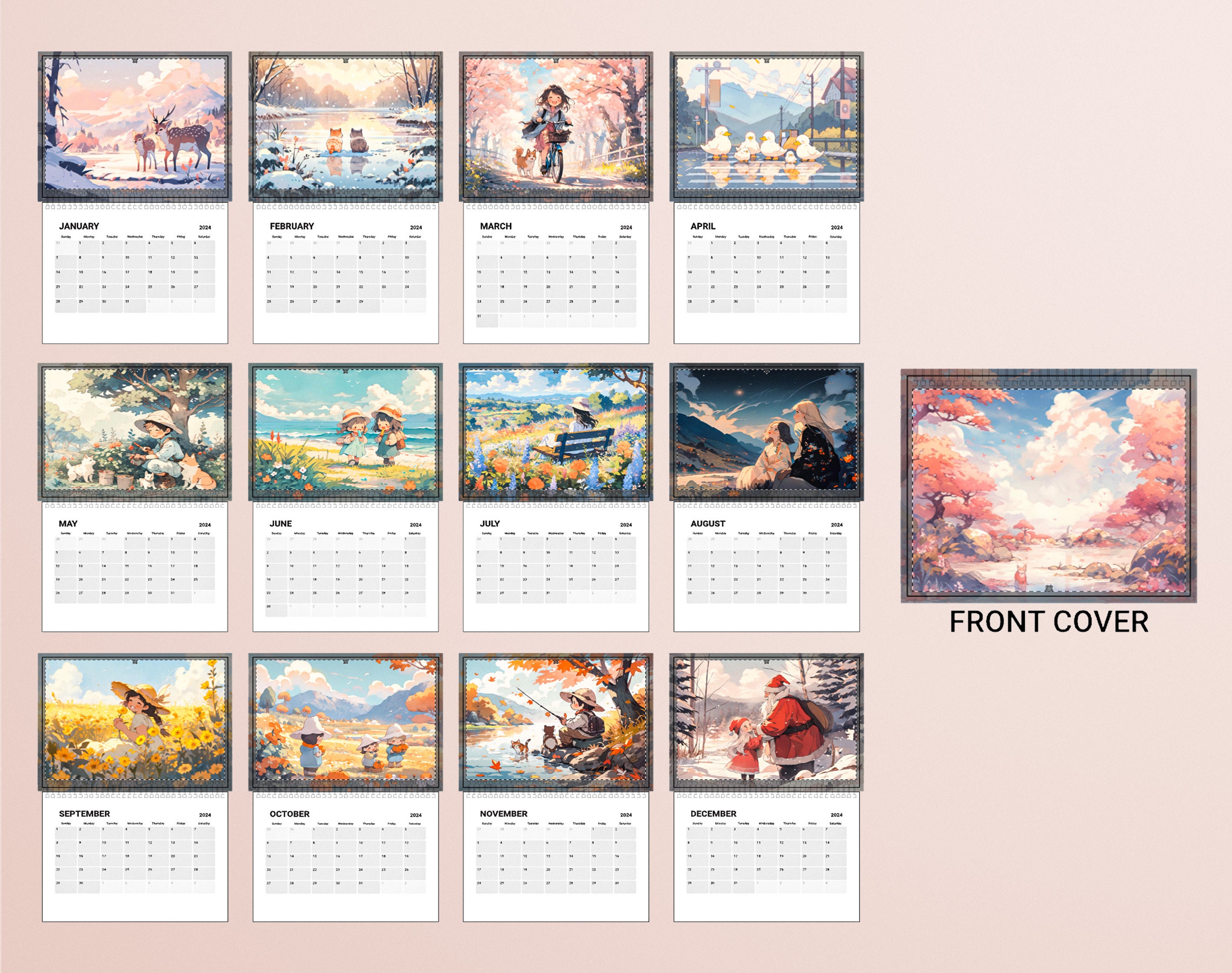 Kawaii Nature Scenes 2024 Calendar, Anime Decor