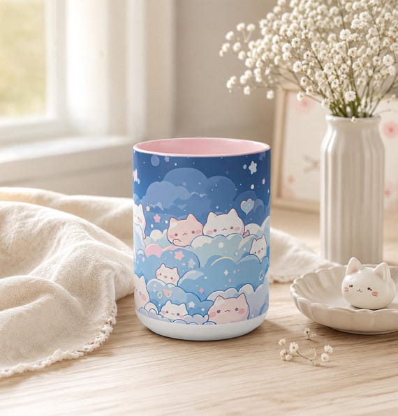 Kawaii Dreamy Cat Mug, Cute Mug Aesthetic, Cute Pastel Mug, Cute Chibi Cat Mug, Pastel Mug Gift for Birthday, Baby Shower, Anniversary