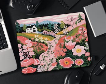 Cottagecore Pink Flower Mouse Pad, Small Square Mouse Pad with Pink Flower Farm Design, Cute Floral Mouse Pad for Workspace, Desk, Gaming