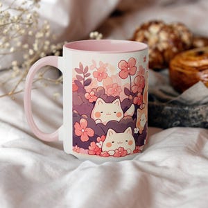 Taza Kawaii Sakura y Gato de 15 oz, Taza de Café de Cerámica, Taza Estética Linda, Taza Pastel, Regalo para Cumpleaños y Amantes de los Gatos imagen 2