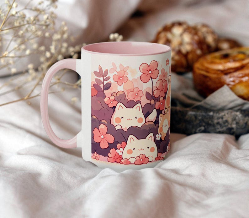 Taza Kawaii Sakura y Gato de 15 oz, Taza de Café de Cerámica, Taza Estética Linda, Taza Pastel, Regalo para Cumpleaños y Amantes de los Gatos imagen 2