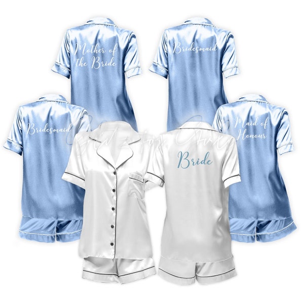 Baby blue satin pyjamas, bridesmaid pjs, wedding pj set, pyjamas for her, bridesmaid gift, personalised bridal party pjs, hen weekend pjs