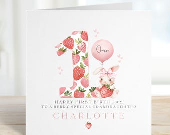 Personalised 1st Birthday Card for Granddaughter Niece Daughter Girl Child, Strawberry First Birthday Card, Berry Special Birthday