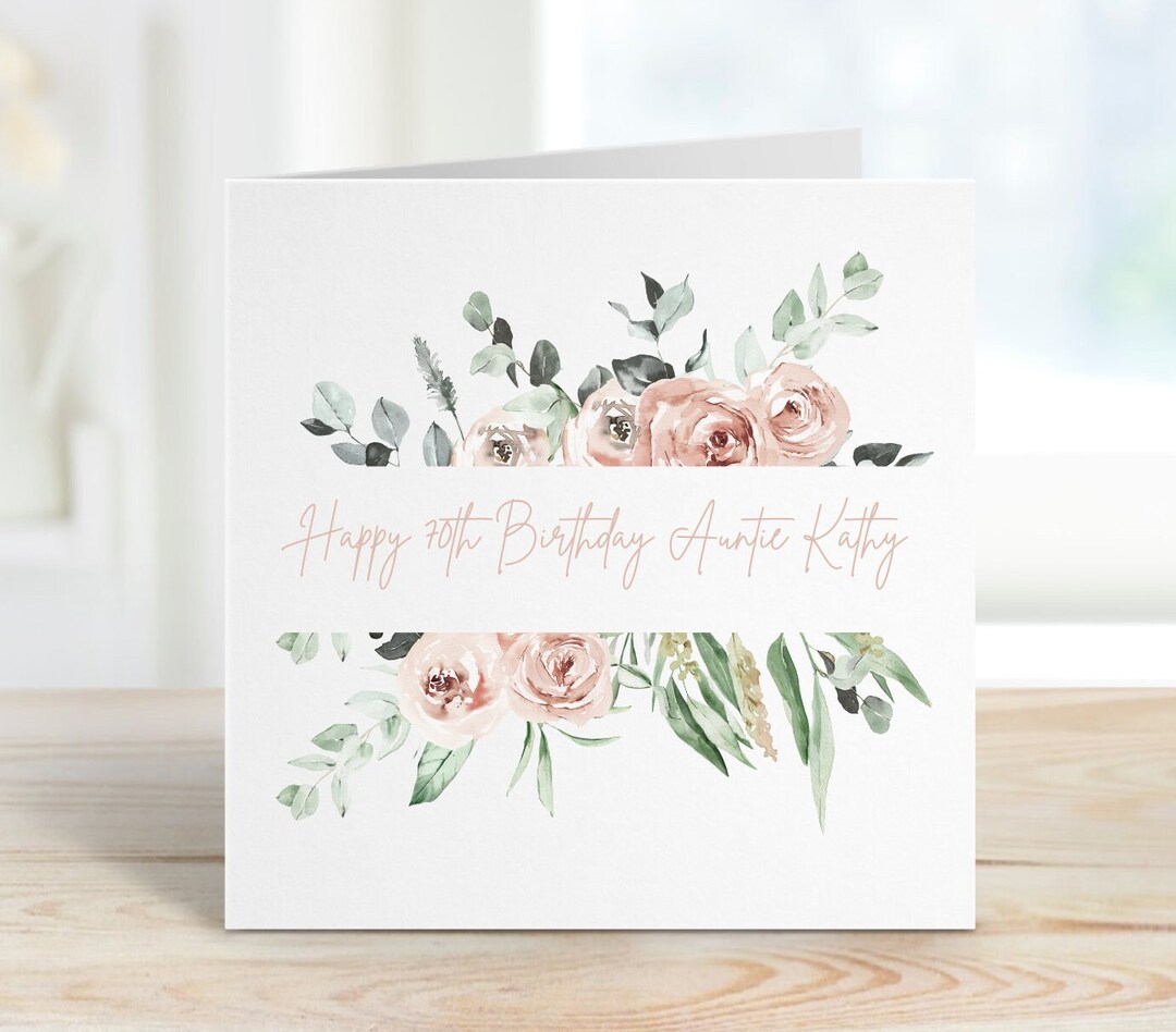 Personalised 70th Birthday Card for Her, Pink Rose Floral Wreath, Mum ...
