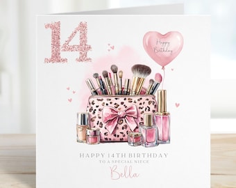 Tarjeta personalizada de 14.º cumpleaños para nieta, hija, hermana, sobrina, prima, amiga, bolsa de maquillaje en oro rosa para adolescente.