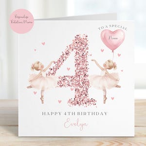 May include: A birthday card with a pink glitter number 4, two ballerina illustrations, and the text "Happy 4th Birthday Evelyn". A pink heart-shaped balloon says "To a special Niece". The card has a light pink circle with the text "Personalise Relation/Name".