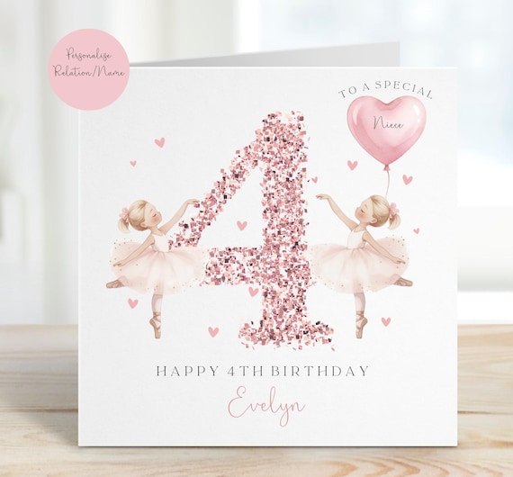Granddaughter 4th Birthday Card, Sister, Niece, Daughter, Goddaughter, Rose Gold Pink, Ballerina Princess
